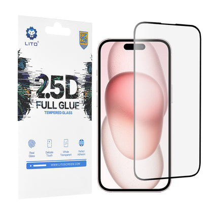 Zaštitna folija za ekran Lito za Apple iPhone 15, Kaljeno staklo, Full Glue, 2.5D, Crna