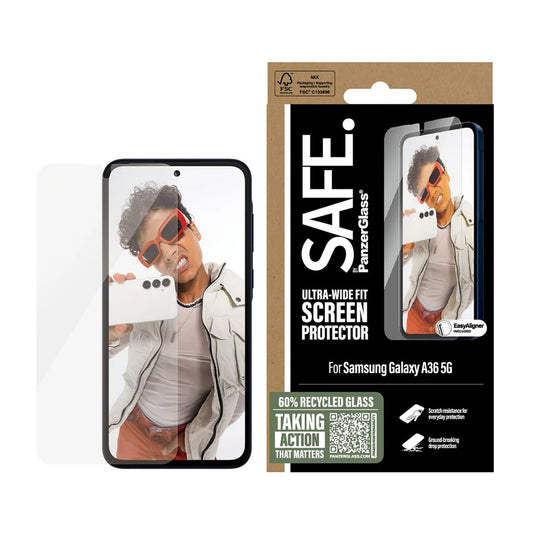 Zaštitna folija za ekran PanzerGlass Safe. Ultra-Wide Fit EasyAligner za Samsung Galaxy A36 A366, Kaljeno staklo, Full Glue