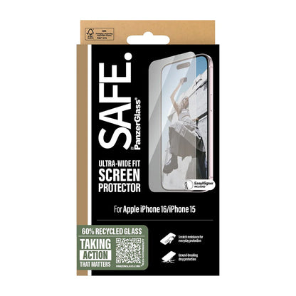 Zaštitna folija za ekran PanzerGlass Safe. Ultra-Wide Fit za Apple iPhone 16 / 15, Kaljeno staklo, Full Glue.
