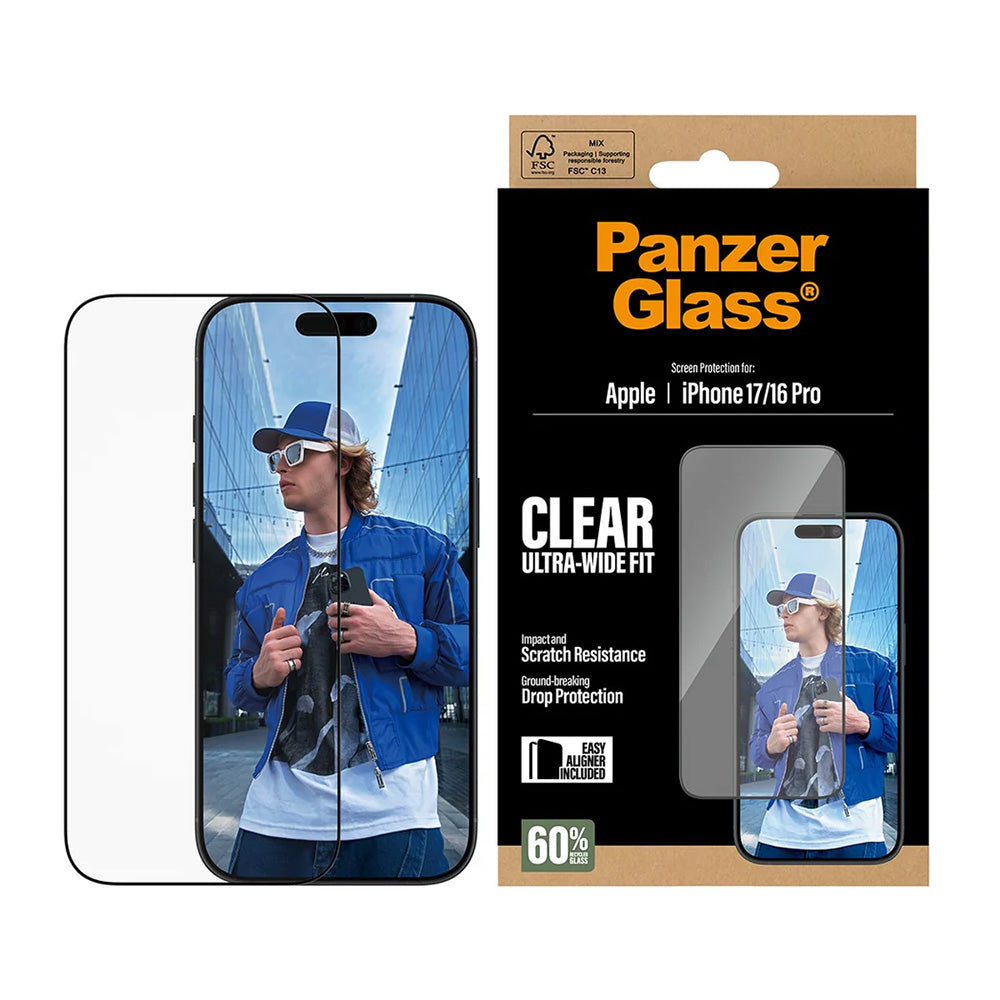 Zaštitna folija za ekran PanzerGlass Ultra-Wide Fit EasyAligner za Apple iPhone 17 / 16 Pro, Kaljeno staklo, Full Glue, Crna
