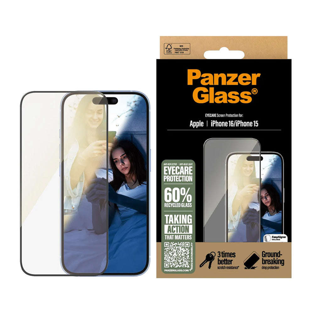 Zaštitna folija za ekran PanzerGlass Ultra-Wide Fit EyeCare za Apple iPhone 16 / 15, Kaljeno staklo, Full Glue, Crna