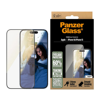Zaštitna folija za ekran PanzerGlass Ultra-Wide Fit EyeCare za Apple iPhone 16 / 15, Kaljeno staklo, Full Glue, Crna