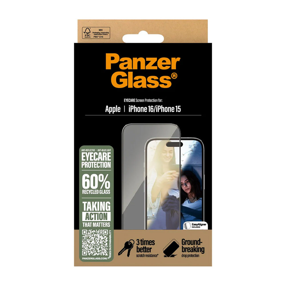 Zaštitna folija za ekran PanzerGlass Ultra-Wide Fit EyeCare za Apple iPhone 16 / 15, Kaljeno staklo, Full Glue, Crna