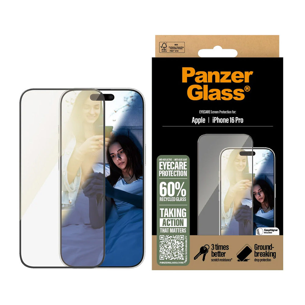 Zaštitna folija za ekran PanzerGlass Ultra-Wide Fit EyeCare za Apple iPhone 16 Pro, Kaljeno staklo, Full Glue, Crna