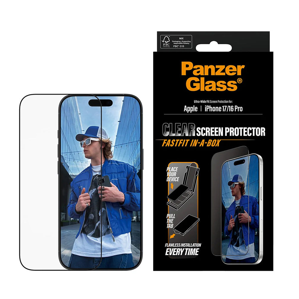 Zaštitna folija za ekran PanzerGlass Ultra-Wide Fit Fastfit za Apple iPhone 17 / 16 Pro, Kaljeno staklo, Full Glue, Crna