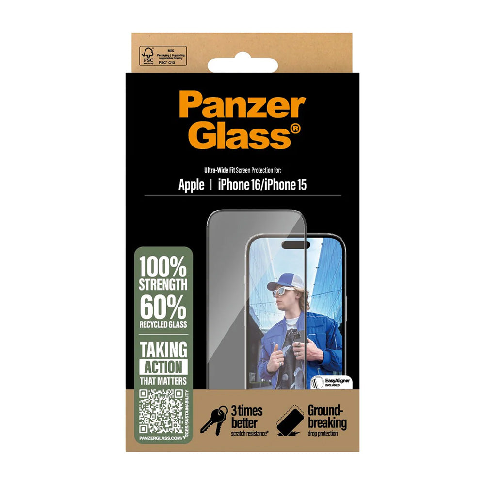Zaštitna folija za ekran PanzerGlass Ultra-Wide Fit za Apple iPhone 16 / 15, Kaljeno staklo, Full Glue, Crna
