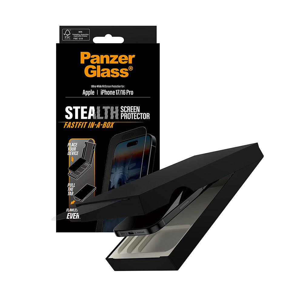 Zaštitna folija za ekran PanzerGlass Ultra-Wide Fit Stealth Fastfit za Apple iPhone 17 / 16 Pro, Kaljeno staklo, Full Glue, Crna