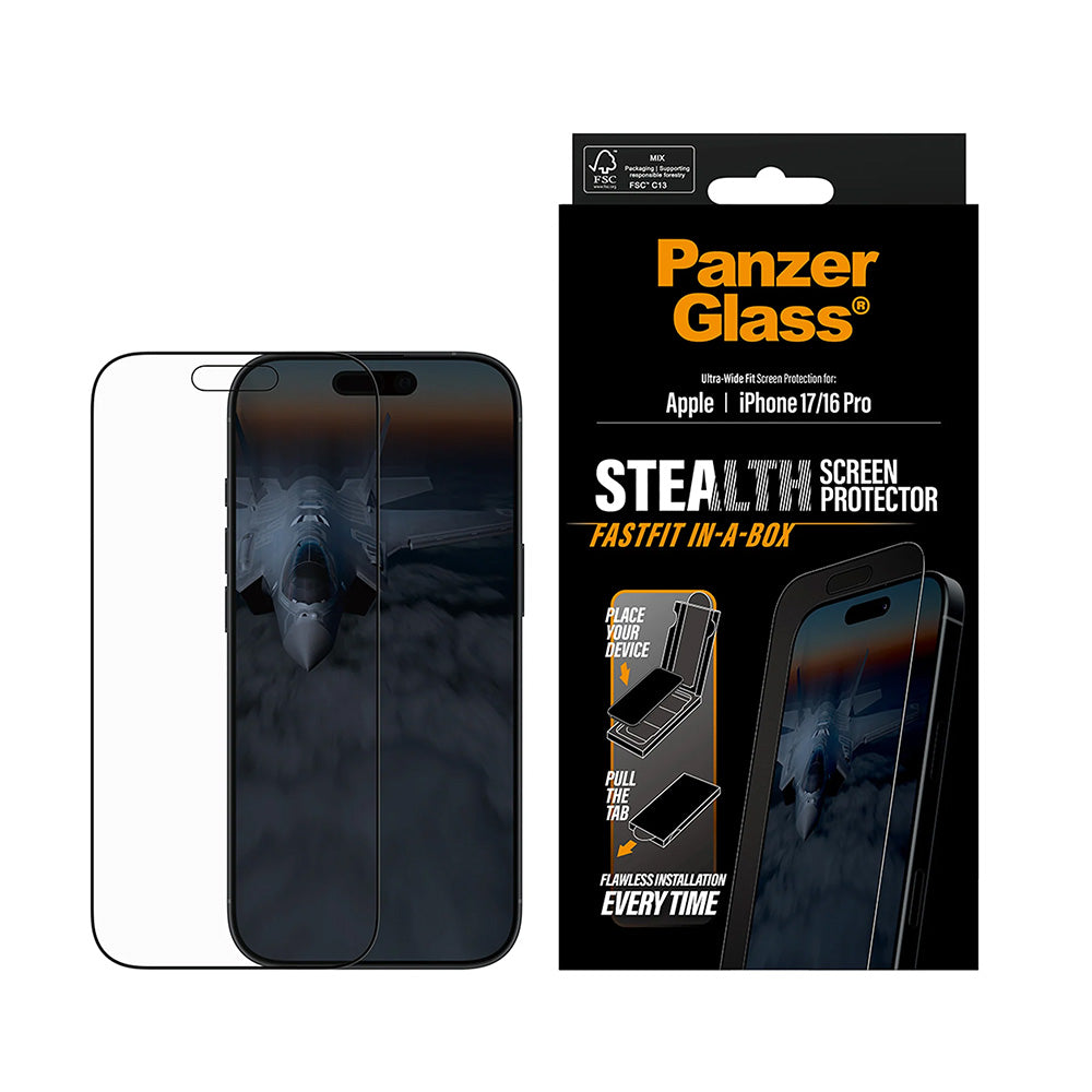 Zaštitna folija za ekran PanzerGlass Ultra-Wide Fit Stealth Fastfit za Apple iPhone 17 / 16 Pro, Kaljeno staklo, Full Glue, Crna