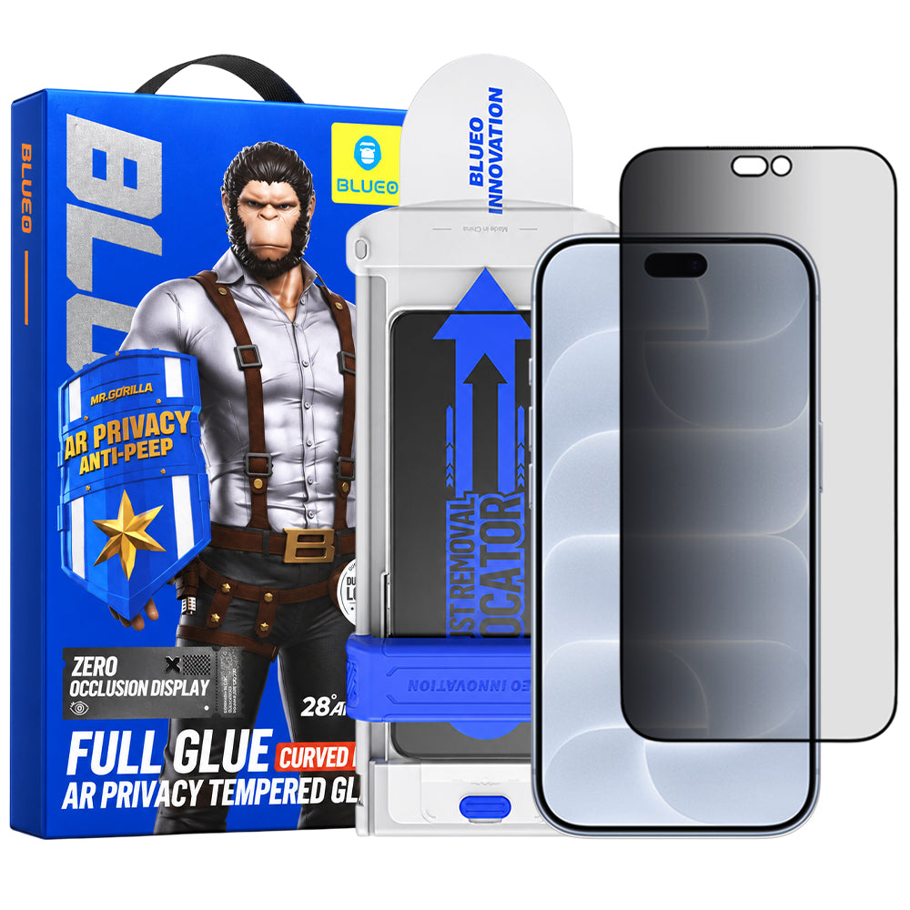 Zaštitna folija za zaslon Privacy Blueo Anti Peep AR Applicator Pro za Apple iPhone 18 Pro, kaljeno staklo, potpuno ljepljiva, 3D