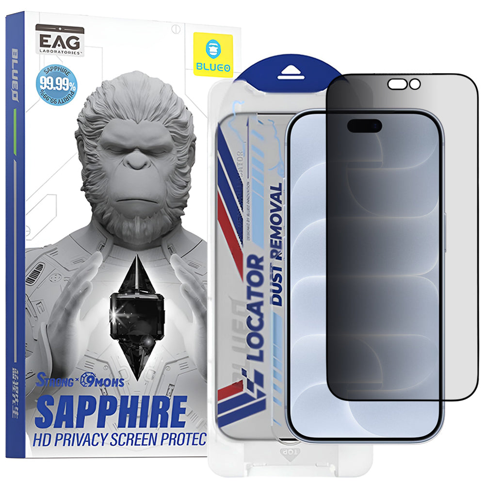 Zaštitna folija za zaslon Privacy Blueo Premium Sapphire Applicator za Apple iPhone 18 Pro, kaljeno staklo, potpuno ljepljiva površina
