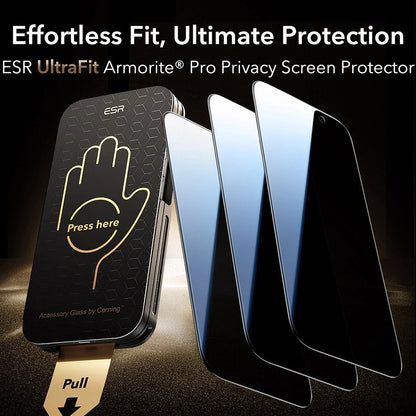 Zaštitna folija za ekran Privacy ESR UltraFit Armorite Pro za Apple iPhone 17 Pro, Kaljeno staklo, Full Glue, Set od 3 komada