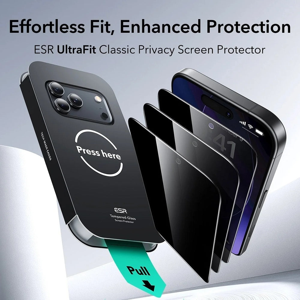 Zaštitna folija za ekran Privacy ESR UltraFit Classic za Apple iPhone 18 Pro, Kaljeno staklo, Full Glue, Set od 3 komada