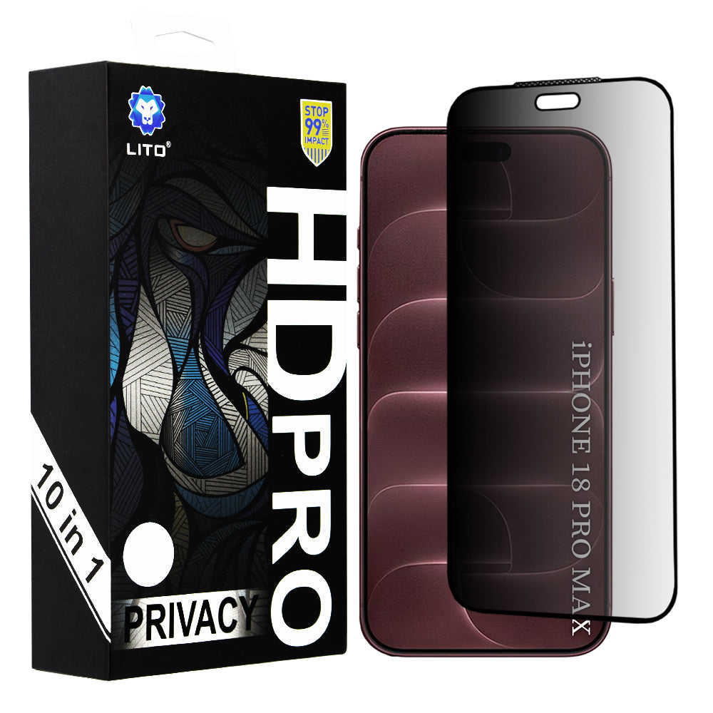 Zaštitna folija za zaslon Privacy Lito HD Pro za Apple iPhone 18 Pro Max, kaljeno staklo, potpuno ljepljiva, set od 10 komada