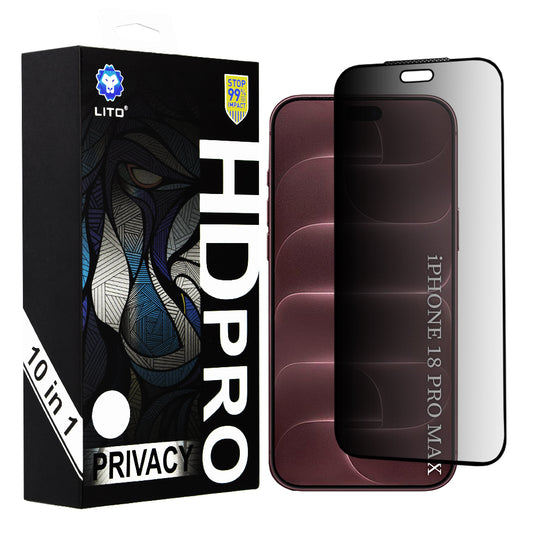 Zaštitna folija za zaslon Privacy Lito HD Pro za Apple iPhone 18 Pro Max, kaljeno staklo, potpuno ljepljiva, set od 10 komada