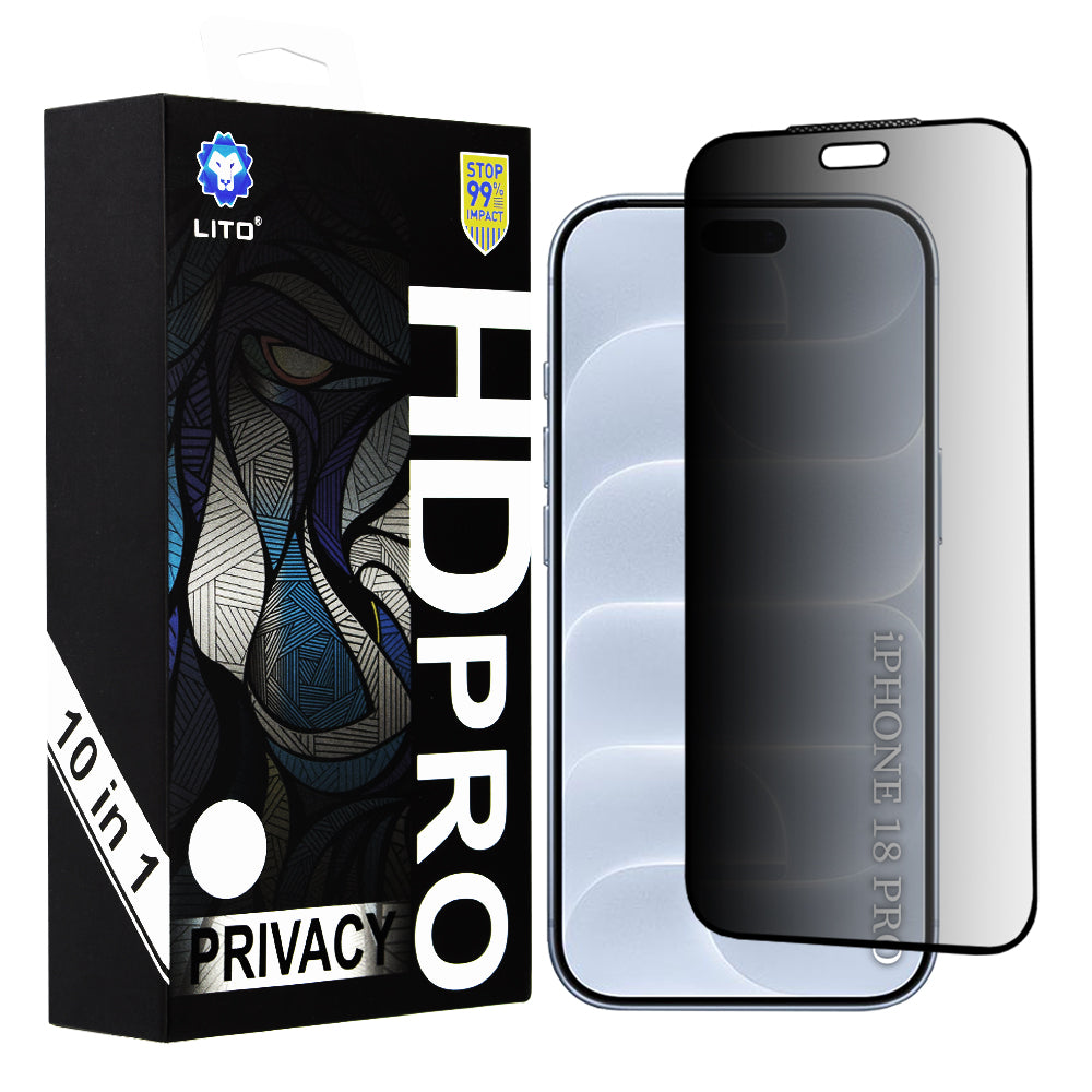Zaštitna folija za zaslon Privacy Lito HD Pro za Apple iPhone 18 Pro, kaljeno staklo, potpuno ljepljiva, set od 10 komada