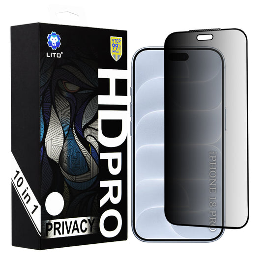 Zaštitna folija za zaslon Privacy Lito HD Pro za Apple iPhone 18 Pro, kaljeno staklo, potpuno ljepljiva, set od 10 komada