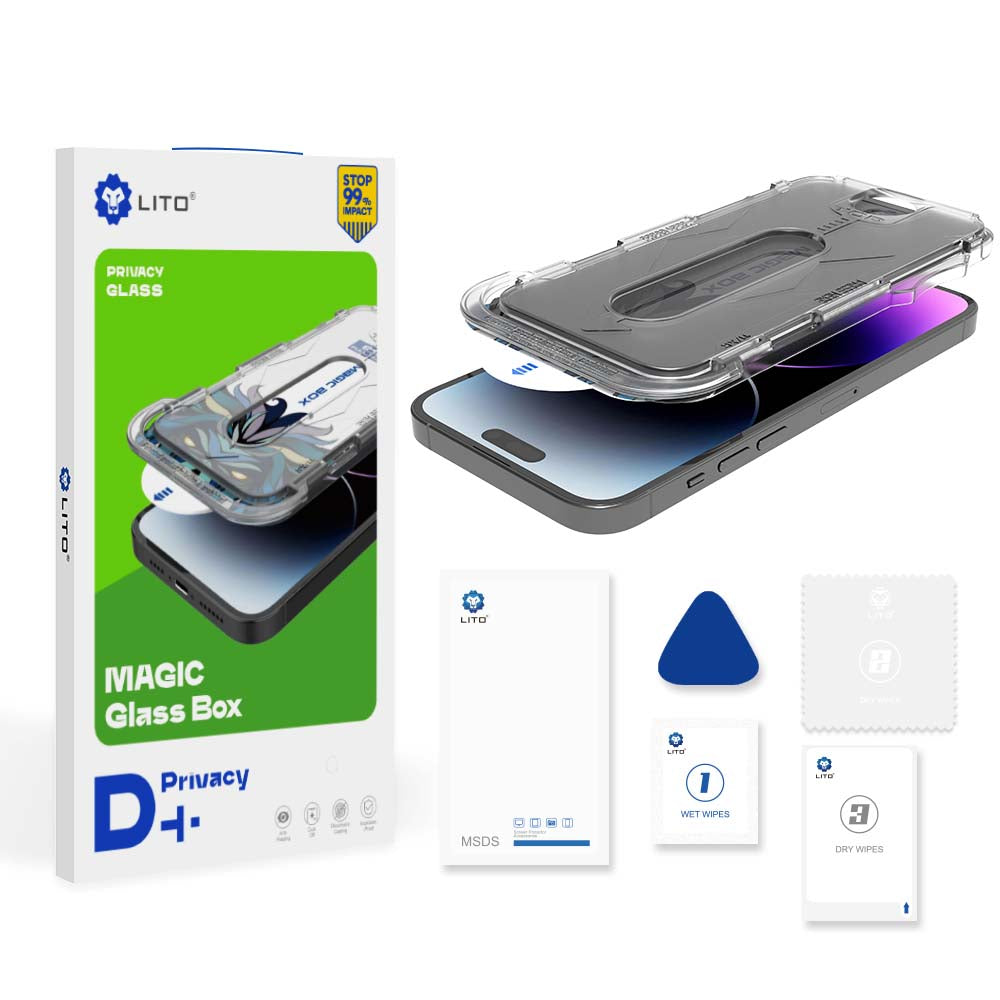 Zaštitna folija za ekran Privacy Lito Magic Glass Box D+ Tools za Apple iPhone 15 Pro, Kaljeno staklo, Puno ljepilo