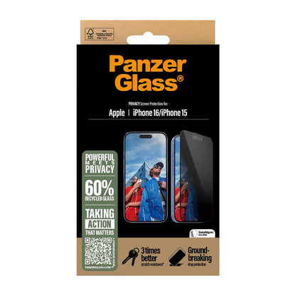 Zaštitna folija za ekran Privacy PanzerGlass Ultra-Wide Fit EasyAligner za Apple iPhone 16 / 15, Kaljeno staklo, Full Glue