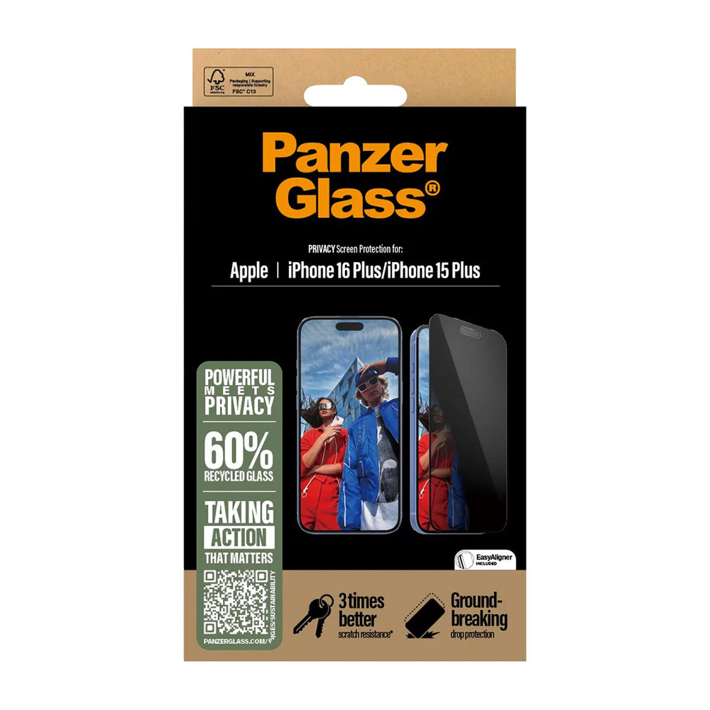 Zaštitna folija za ekran Privacy PanzerGlass Ultra-Wide Fit EasyAligner za Apple iPhone 16 Plus / 15 Plus, Kaljeno staklo, Full Glue