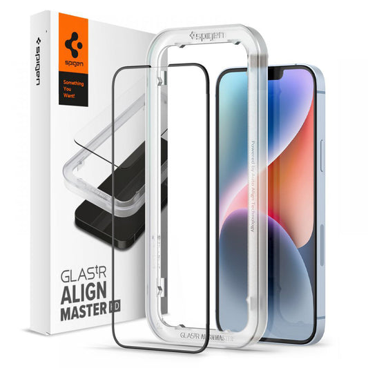 Zaštitna folija za ekran Spigen GlastR Align Master za Apple iPhone 17e / 16e / 14 / 13 Pro, Kaljeno staklo, Full Glue, Crna AGL03725