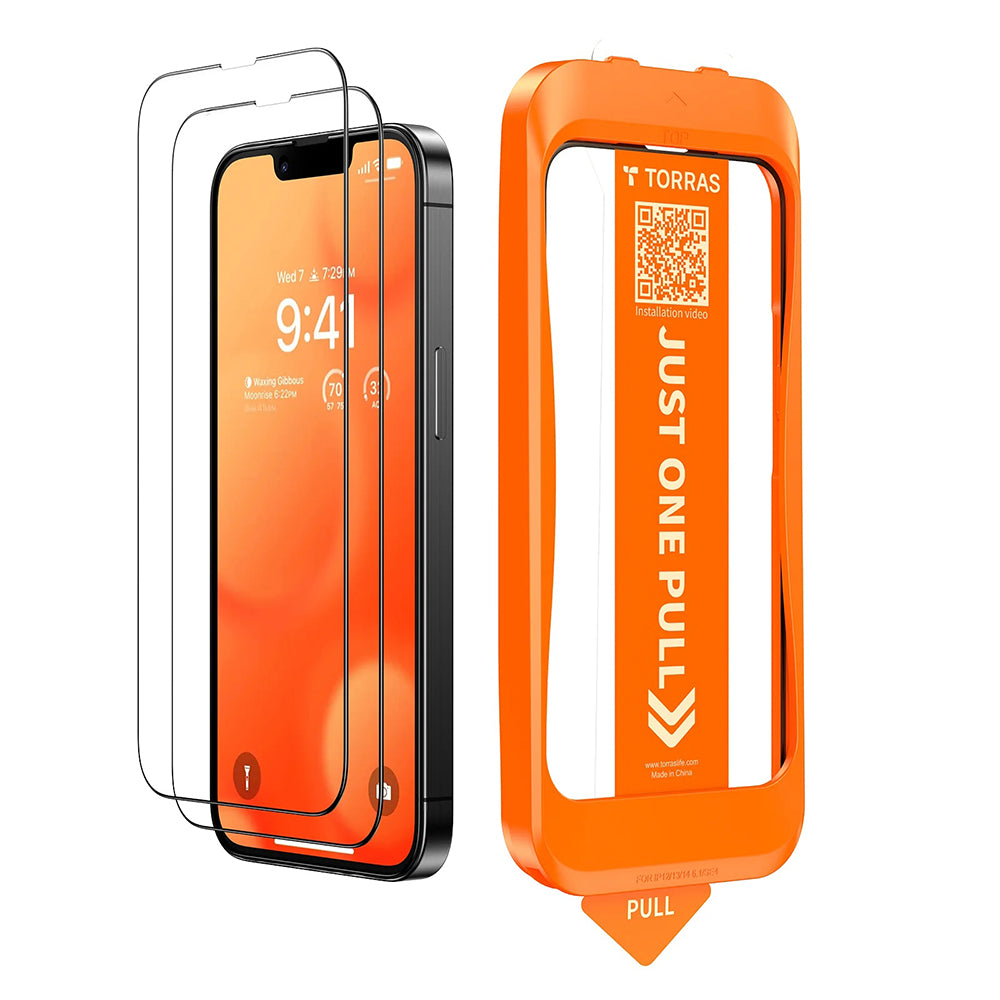 Zaštitna folija za ekran Torras GlassGo Install Master za Apple iPhone 17e / 16e / 14 / 13 Pro, Kaljeno staklo, Full Glue, Set od 2 komada