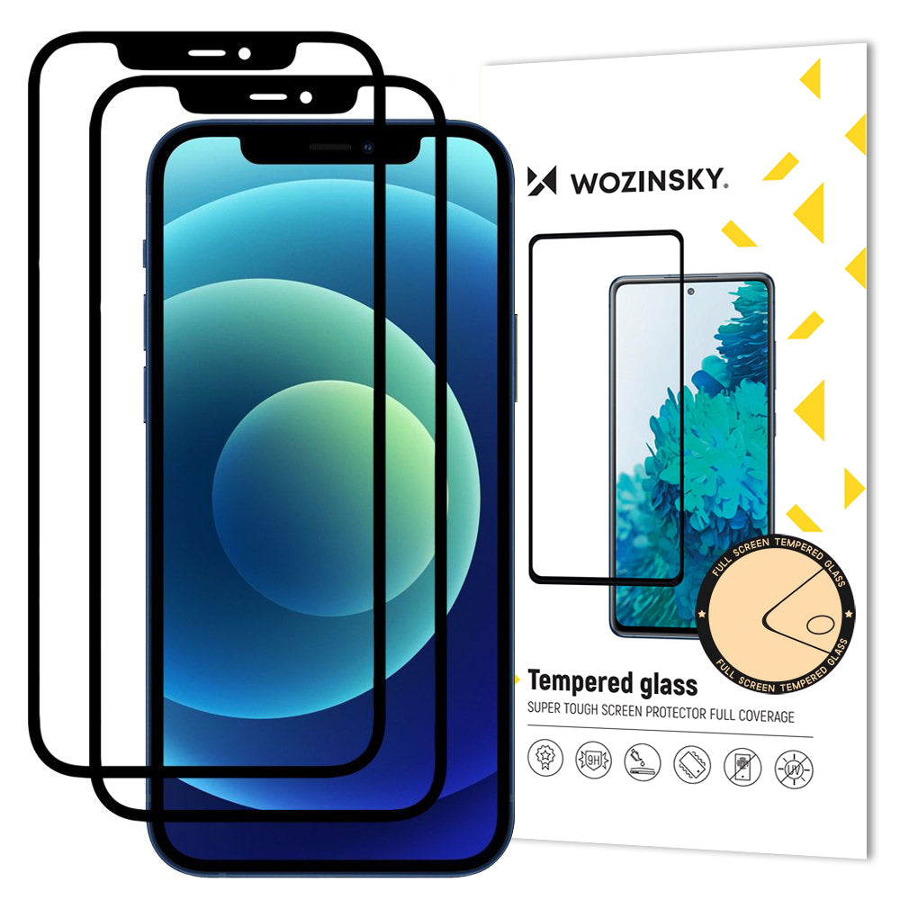 Zaštitna folija za ekran WZK za Apple iPhone 12 / 12 Pro, Kaljeno staklo, Puna ljepila, Set od 2 komada, Prikladna za futrolu, Crna