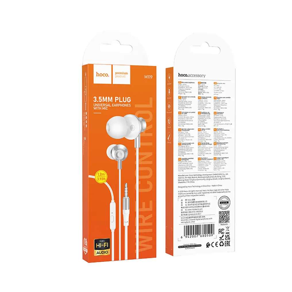 Handsfree 3.5mm HOCO M119, Srebrna