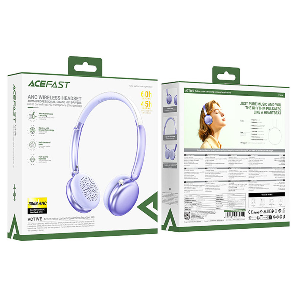 Handsfree Bluetooth Acefast H8, A2DP, ANC, Ljubičasta