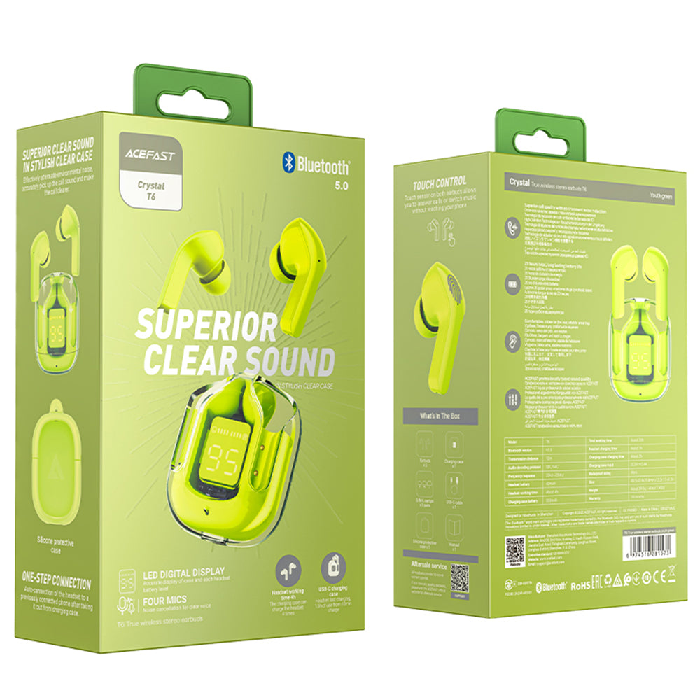 Handsfree Bluetooth Acefast T6, TWS, Zelena