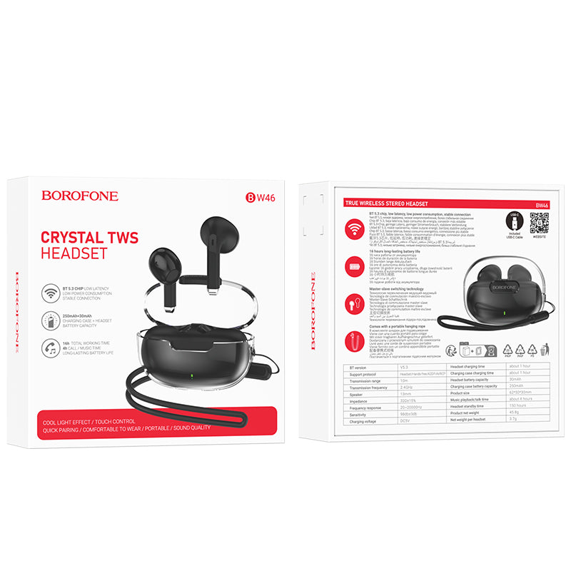 Handsfree Bluetooth Borofone BW46 Ice Flake, TWS, Crni