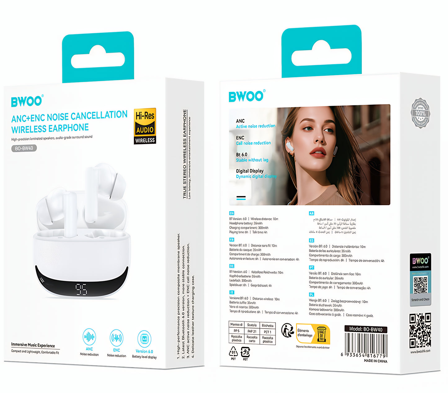 Handsfree Bluetooth BWOO BW40, TWS, ANC, Bijela