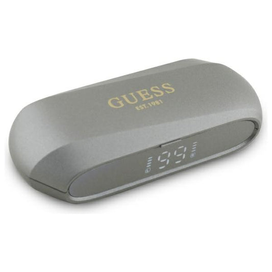Handsfree Bluetooth Guess produženi metalik tisak logotipa, TWS, sivi