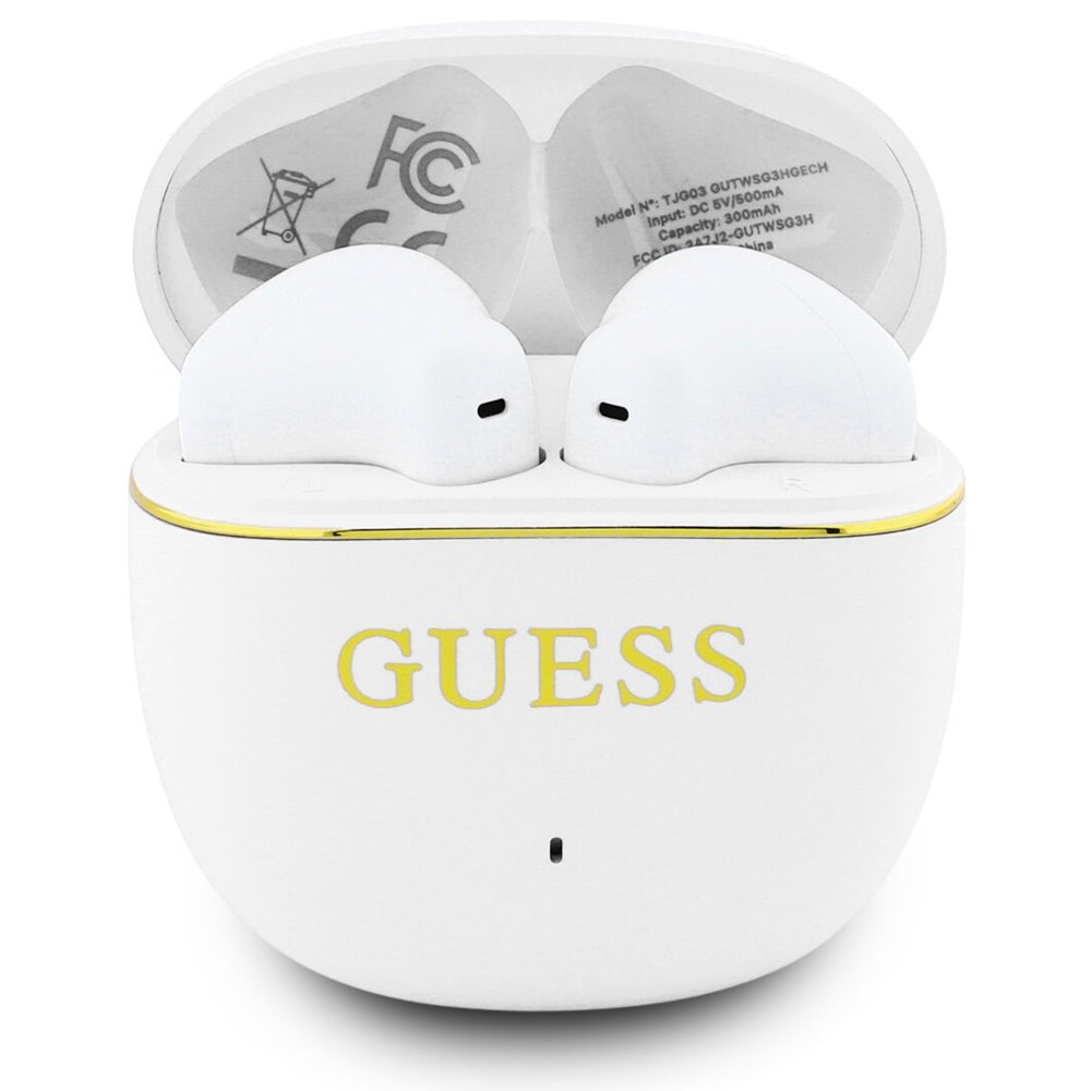 Handsfree Bluetooth Guess Glossy Gold Line Classic, TWS, Bijela