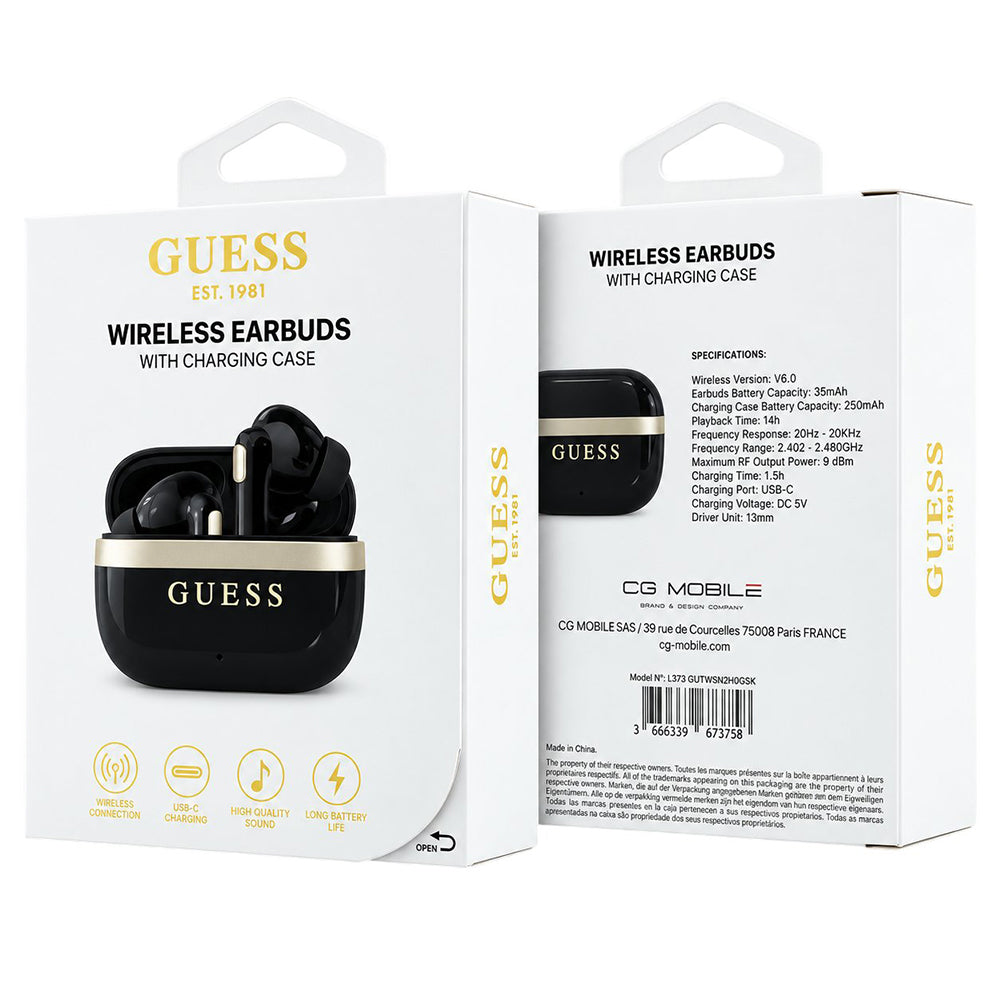 Bluetooth slušalice Guess Glossy Gold Line Printed Classic Logo, TWS, crne