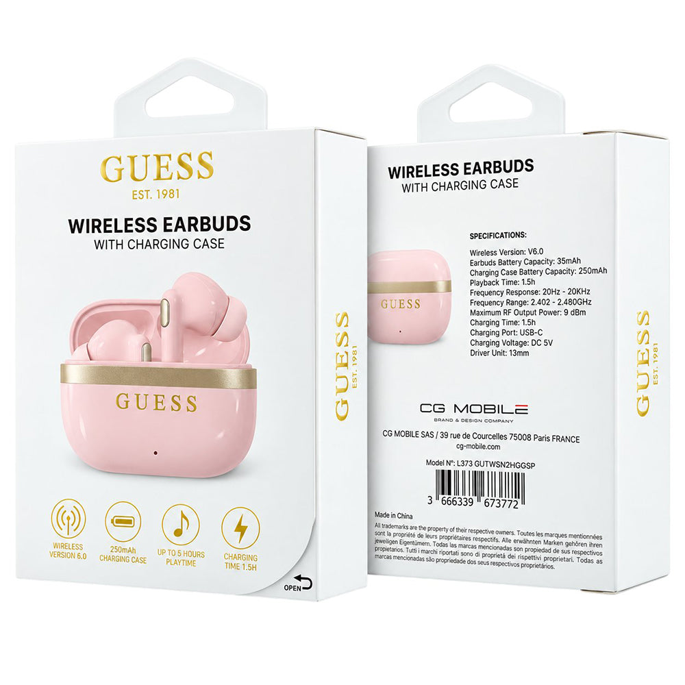 Bluetooth handsfree Guess Glossy Gold Line Printed Classic Logo, TWS, ružičaste boje