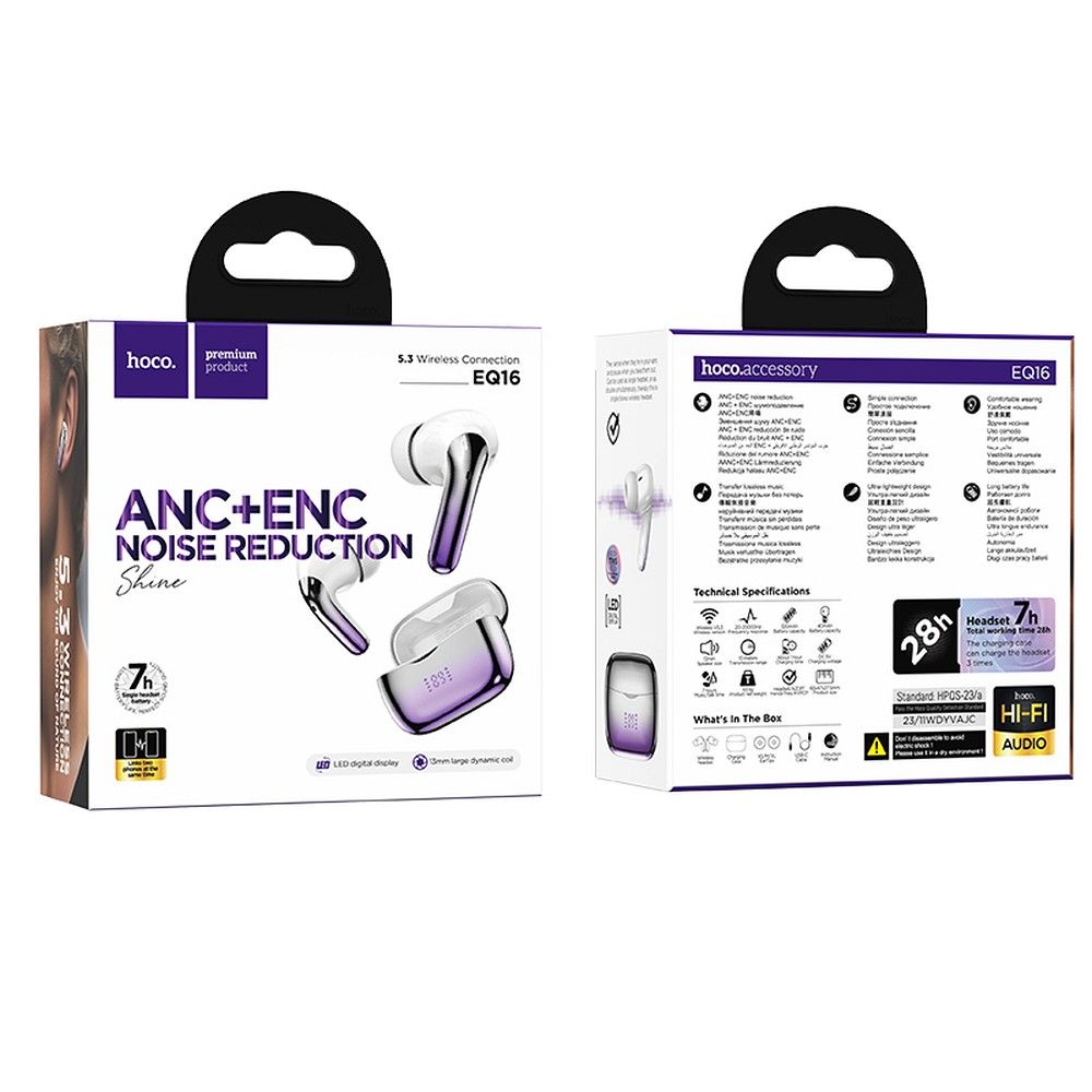 Handsfree Bluetooth HOCO EQ16, TWS, ANC, Ljubičasti