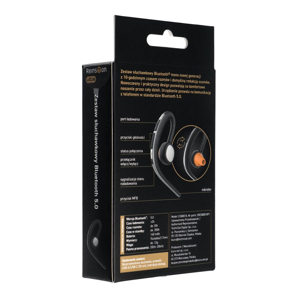 Handsfree Bluetooth Reinston ESB001X, MultiPoint, A2DP, Crna