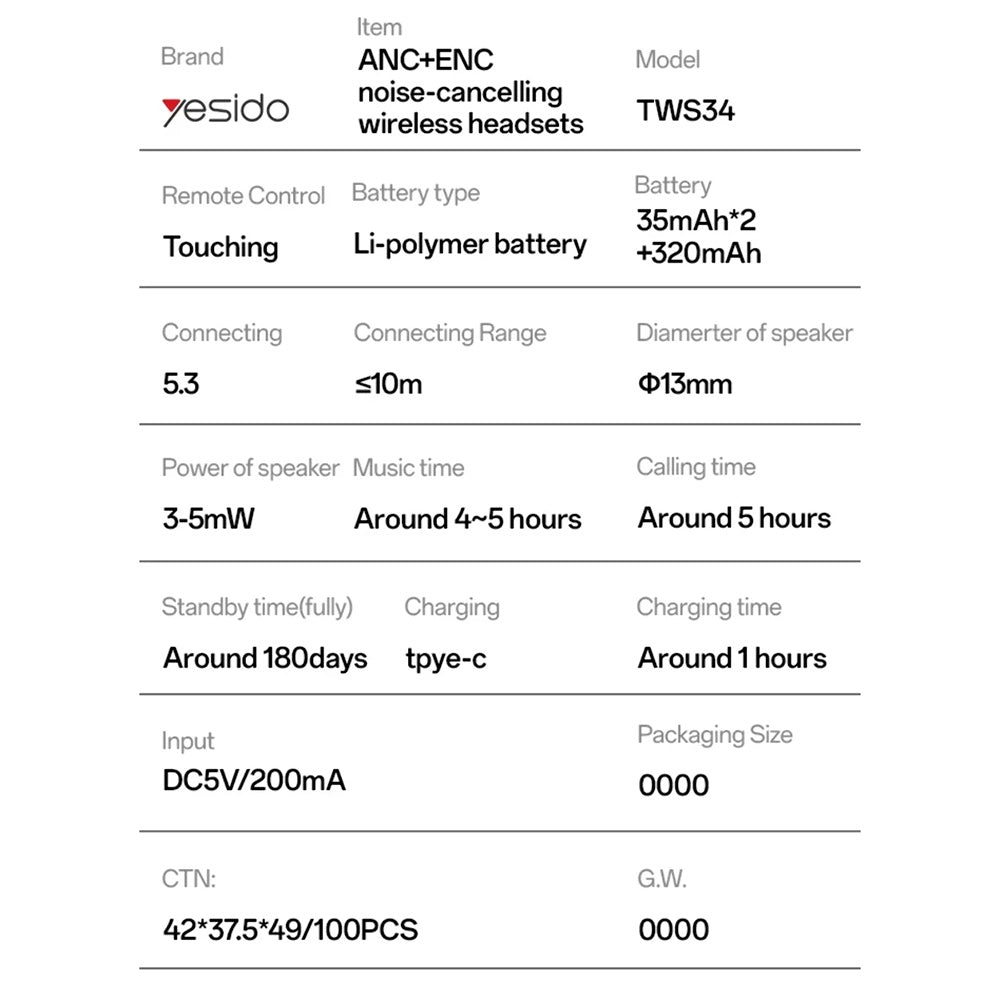 Handsfree Bluetooth Yesido TWS34, TWS, ANC, Bijeli
