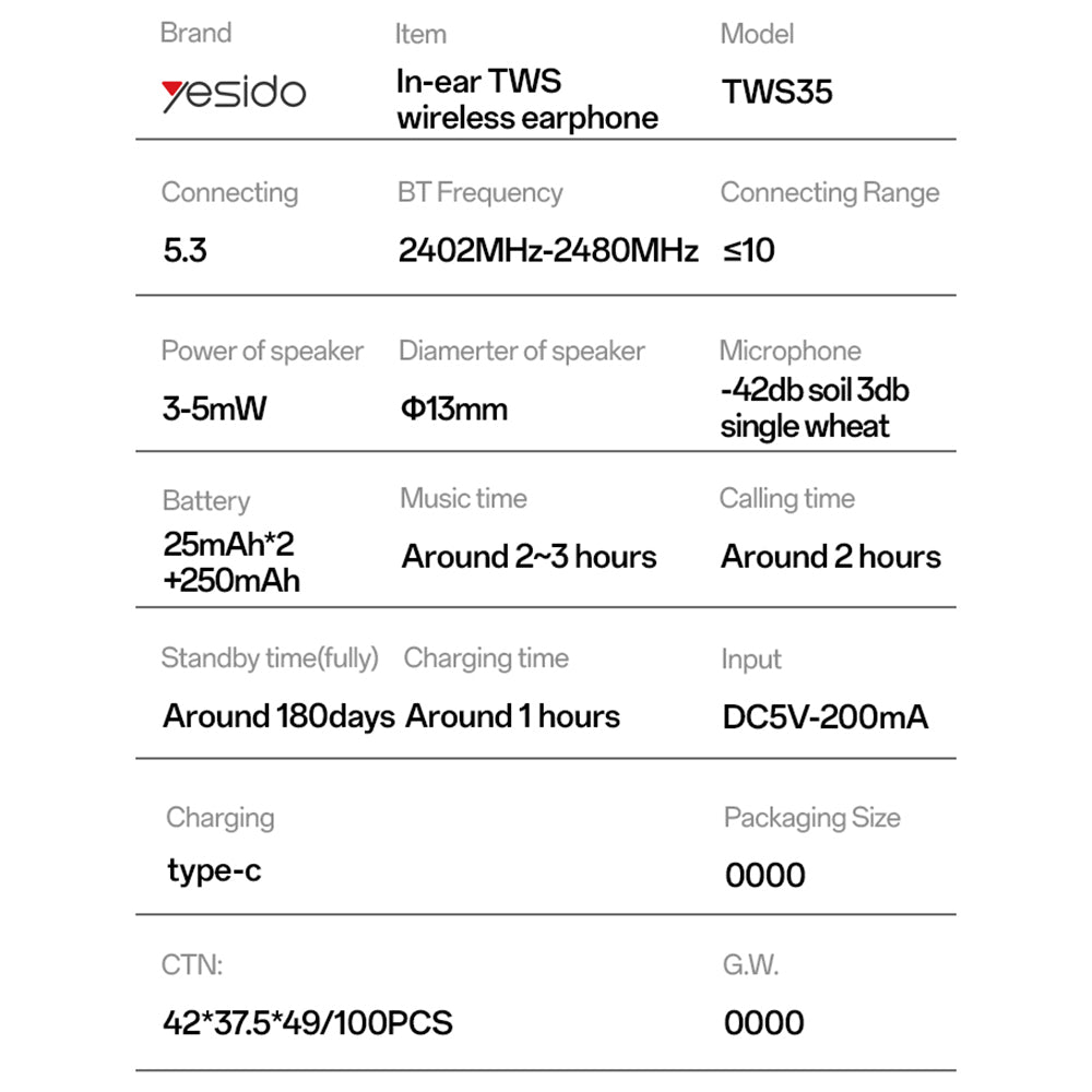 Handsfree Bluetooth Yesido TWS35, TWS, Bijeli