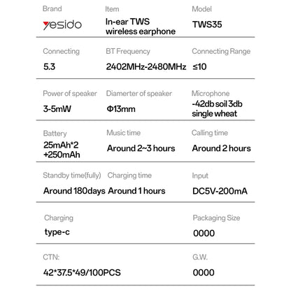 Handsfree Bluetooth Yesido TWS35, TWS, Bijeli