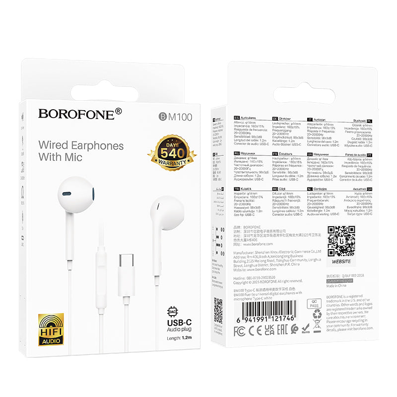 Handsfree USB-C Borofone BM100 Fuente, Bijela