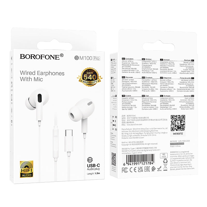 Handsfree USB-C Borofone BM100 Pro Fuente, Bijela