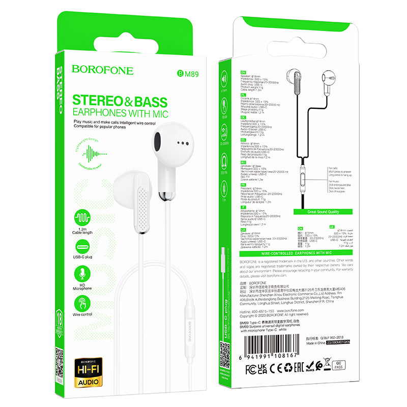 Handsfree USB-C Borofone BM89 Surpass, Bijeli