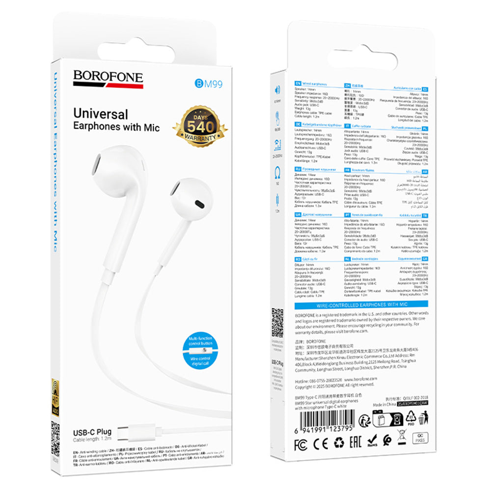 Handsfree USB-C Borofone BM99 Star, Bijeli