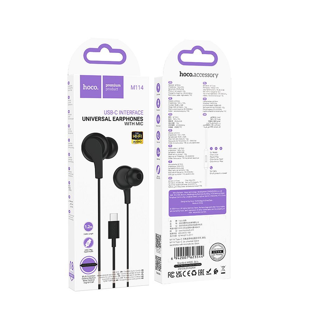 Handsfree USB-C HOCO M114, Crni