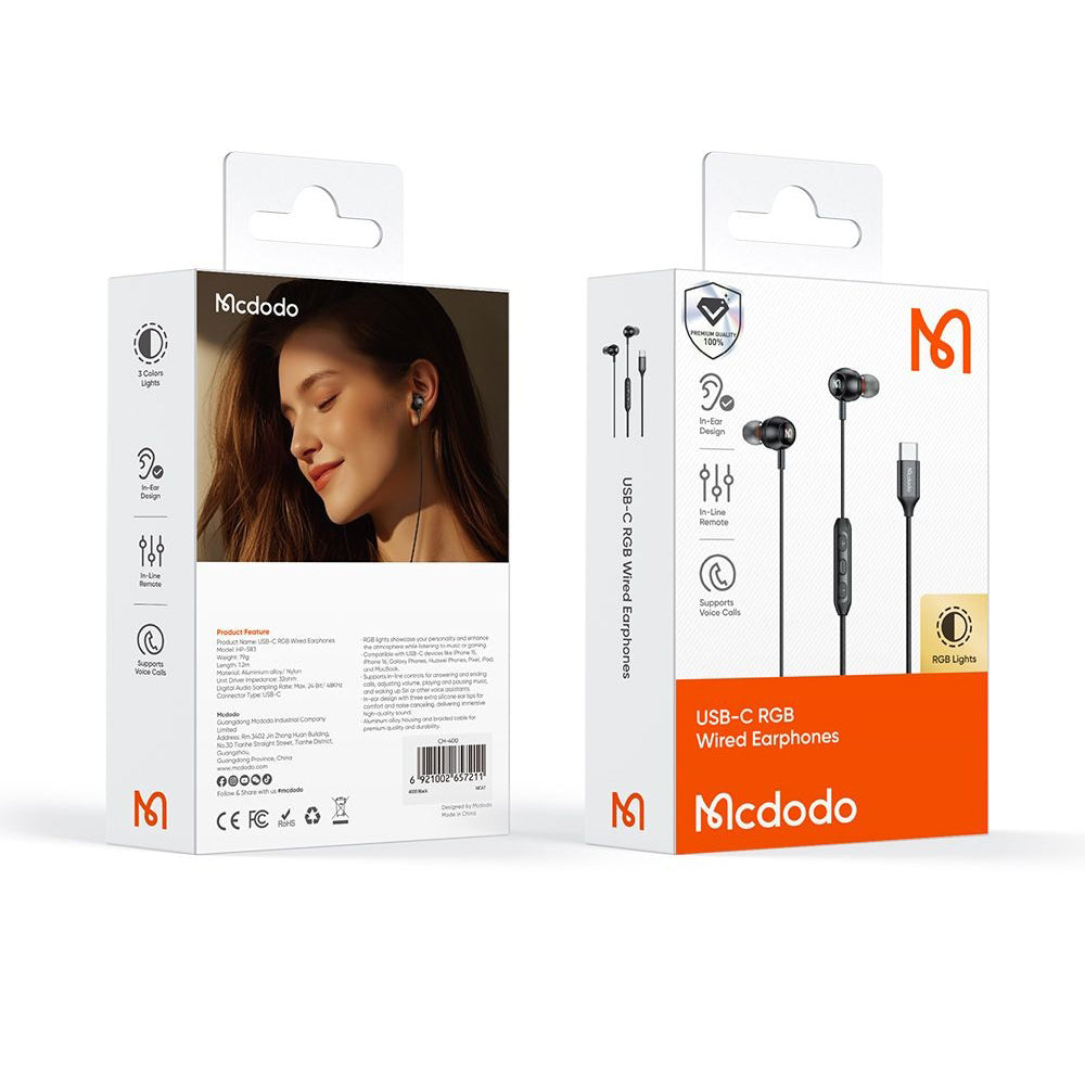 Handsfree USB-C McDodo HP-5830, 1.2m, Crni
