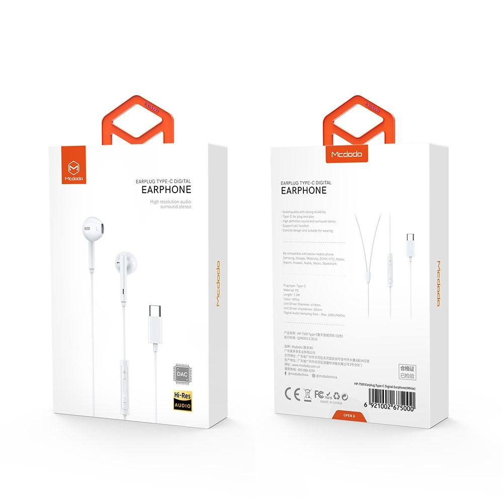 Handsfree USB-C McDodo HP-7500, 1.2m, Bijela