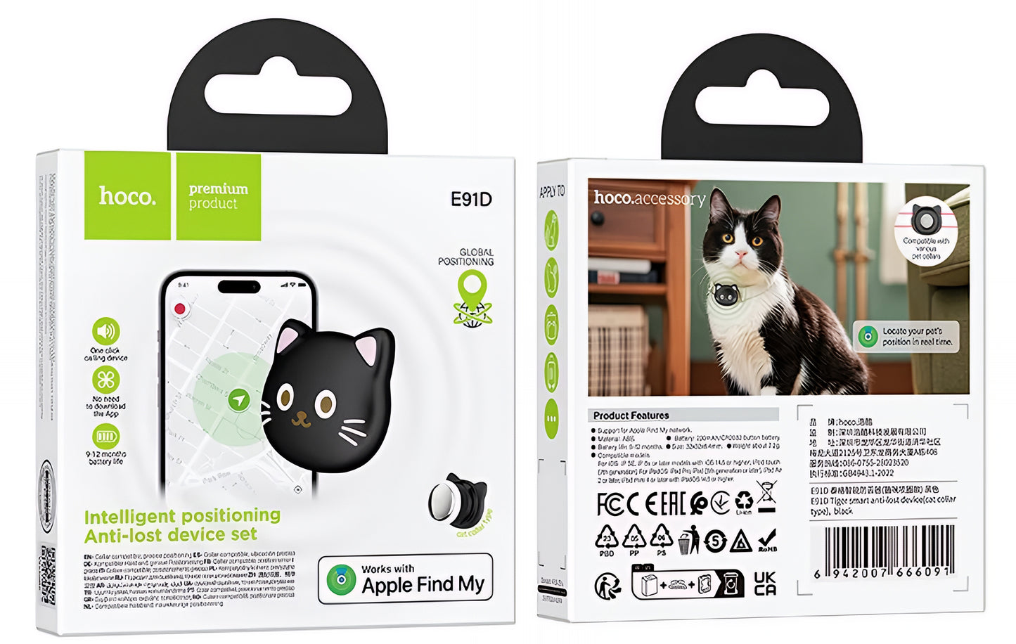 HOCO SmartTag E91D Cat za iOS seriju, Crni