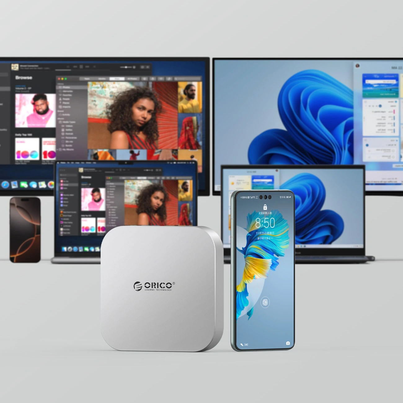 Višenamjenski hub Orico MiniLink M49P za Apple Mac Mini M4, 9u1, Srebrni