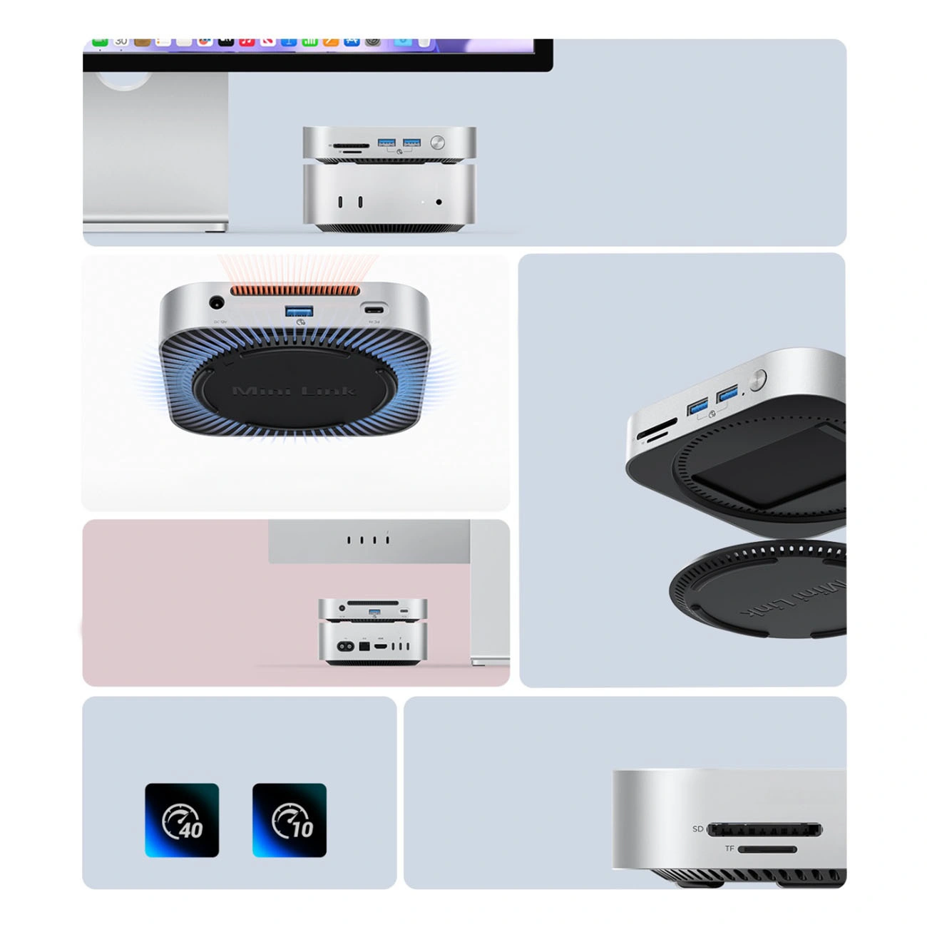 Višenamjenski hub Orico MiniLink M49P za Apple Mac Mini M4, 9u1, Srebrni